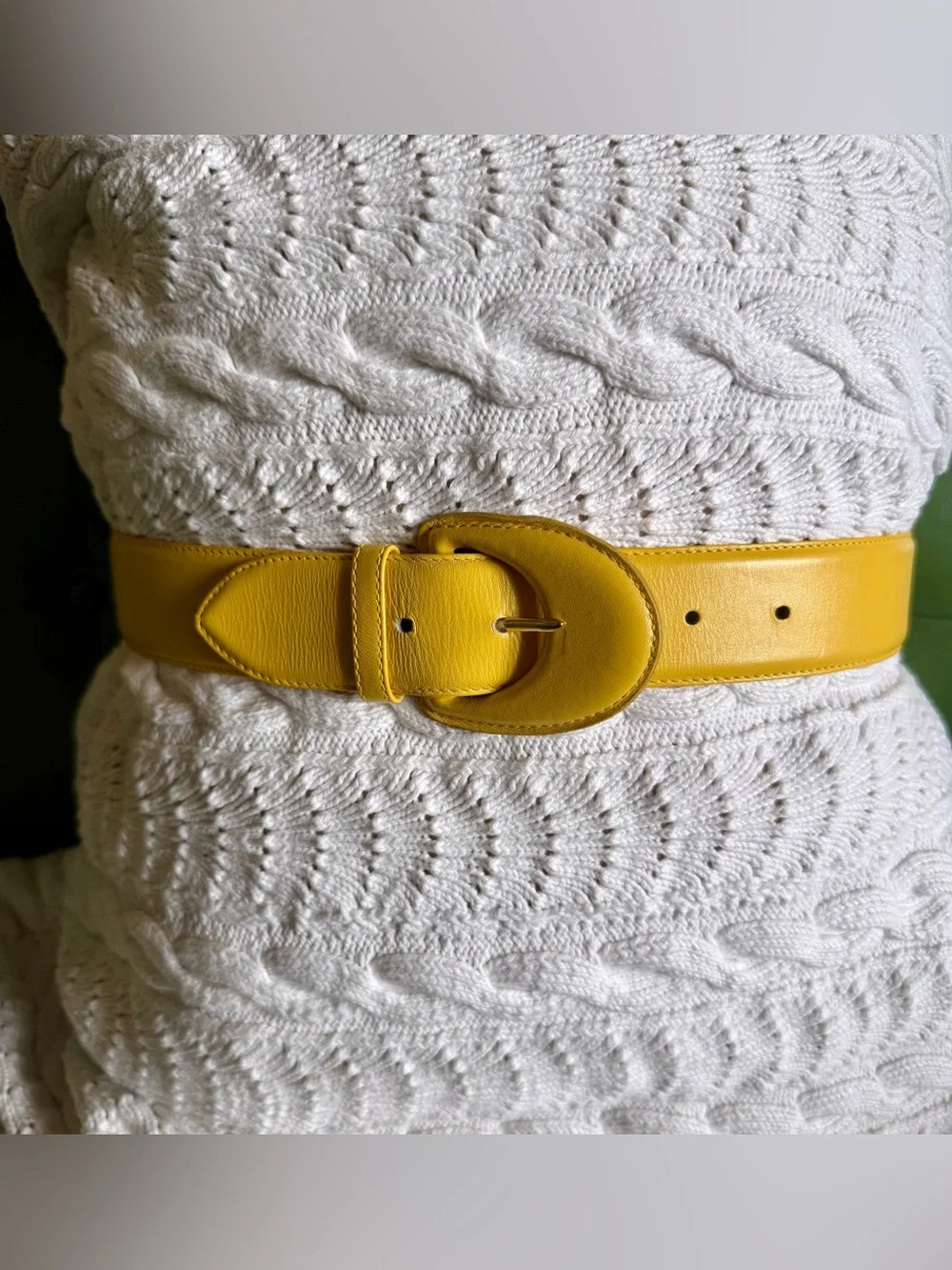 Yellow Leather Waist Belt with Curved Buckle - Women Accessories